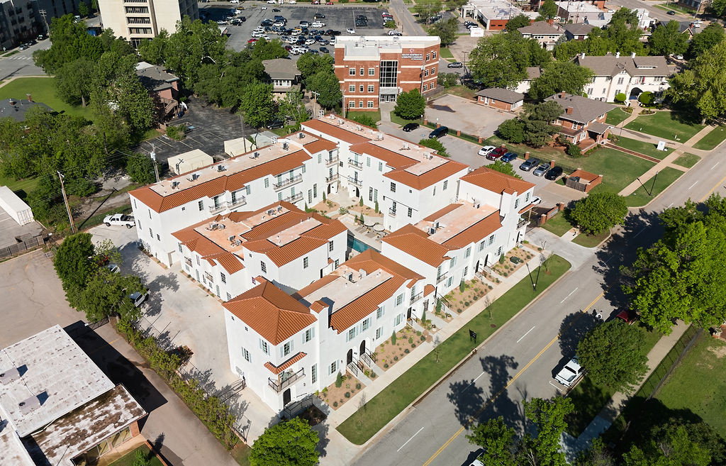 a small town with a large building